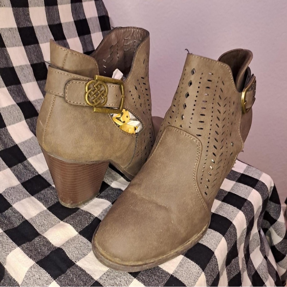 Perforated Taupe Ankle Heeled Boots with Decorative Buckle